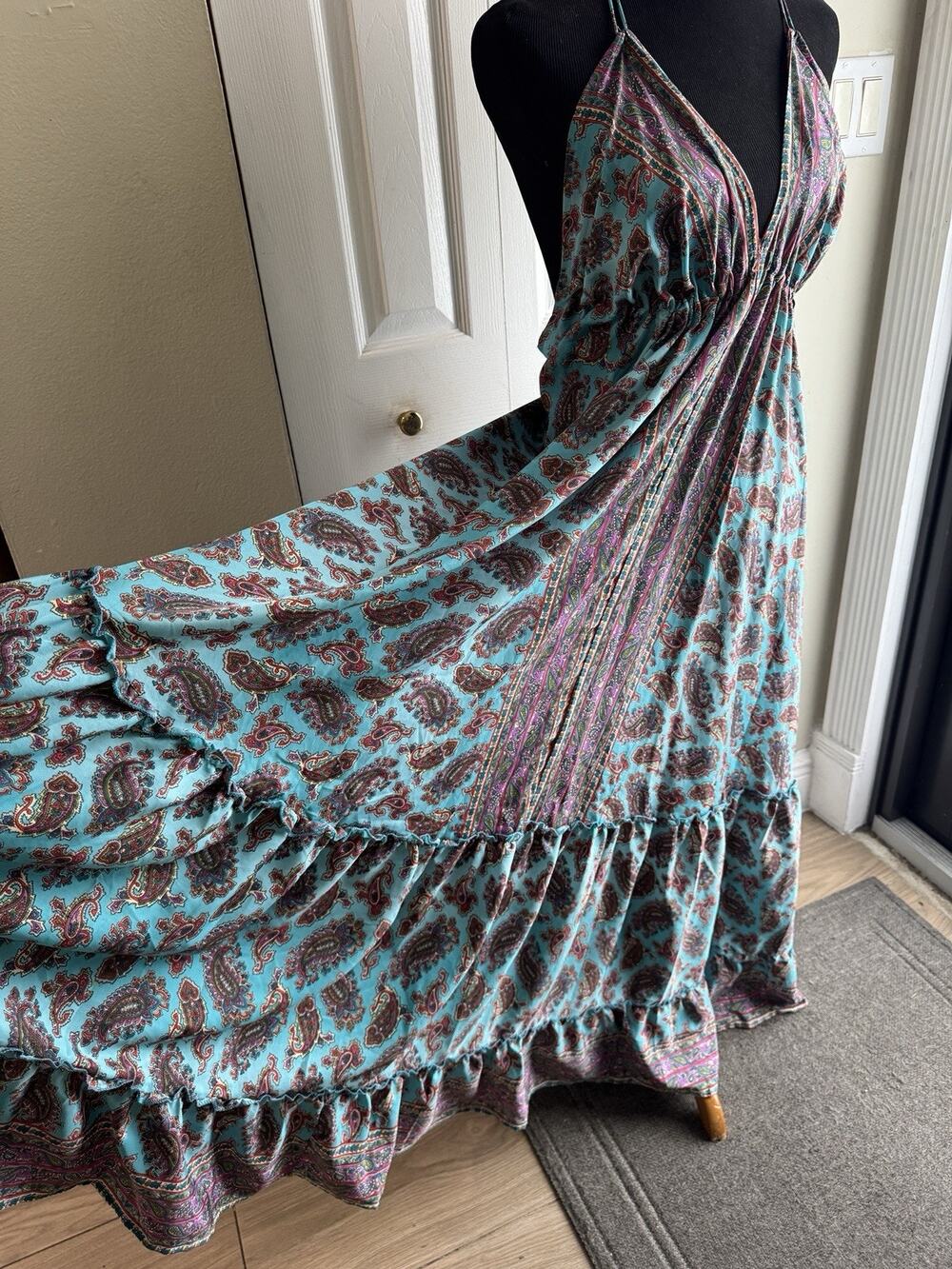 Zury Silk Blend Paisley Boho Festival Colorful Maxi V Neck Dress One Size